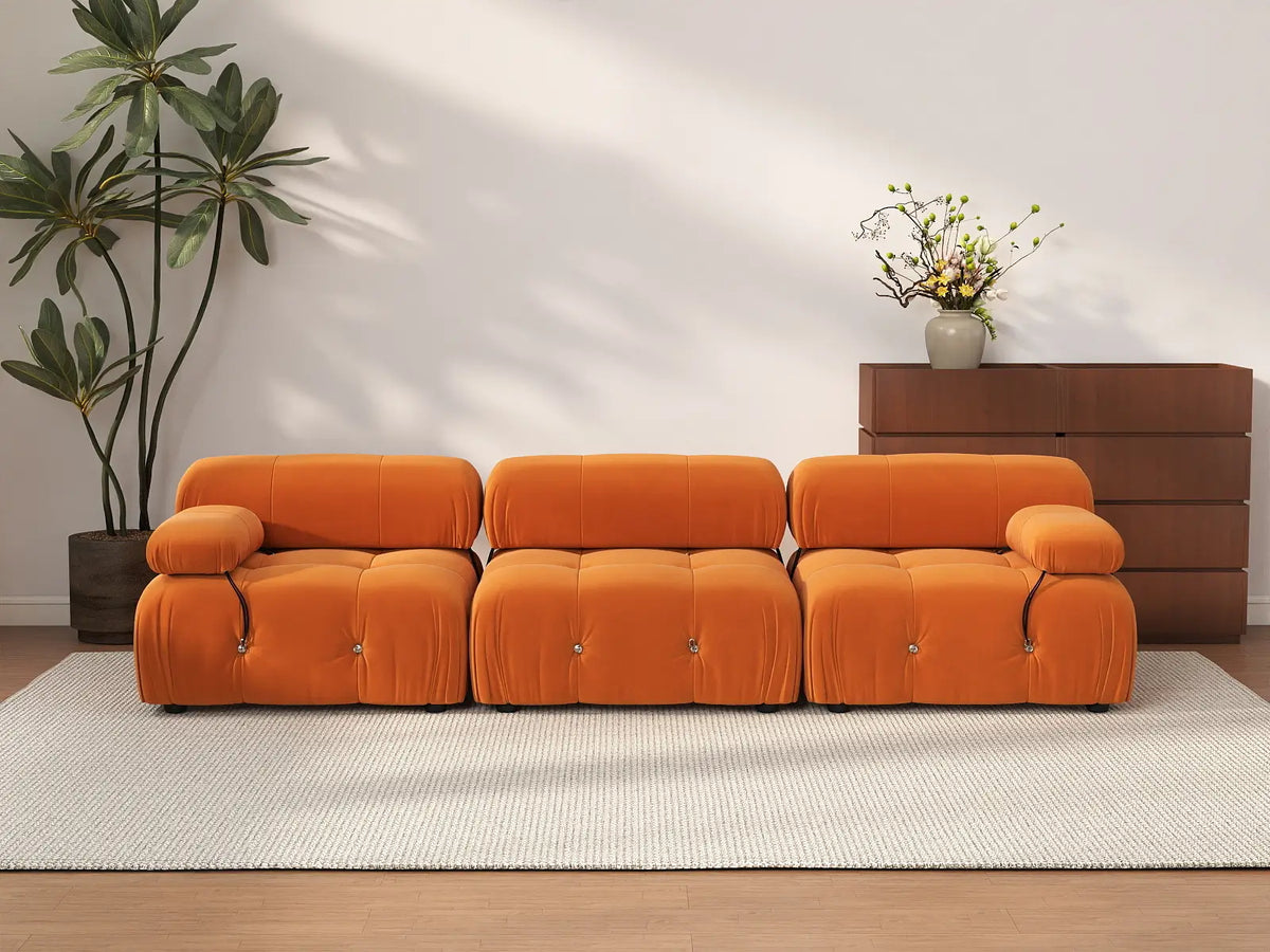 Matrix Orange 3-Seater Couch Sectionals | 3-Piece, Velvet Fabric, Fixed Upholstery