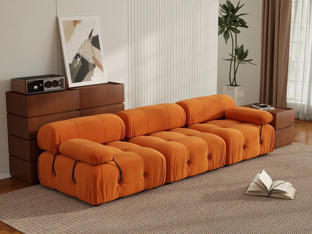 Matrix Orange 3-Seater Couch Sectionals | 3-Piece, Velvet Fabric, Fixed Upholstery