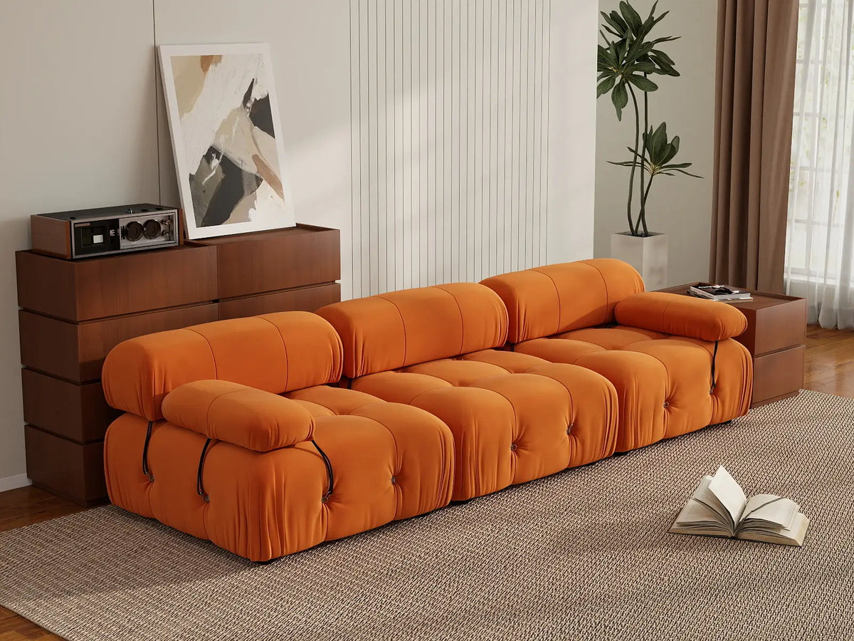 Matrix Orange 3-Seater Couch Sectionals | 3-Piece, Velvet Fabric, Fixed Upholstery