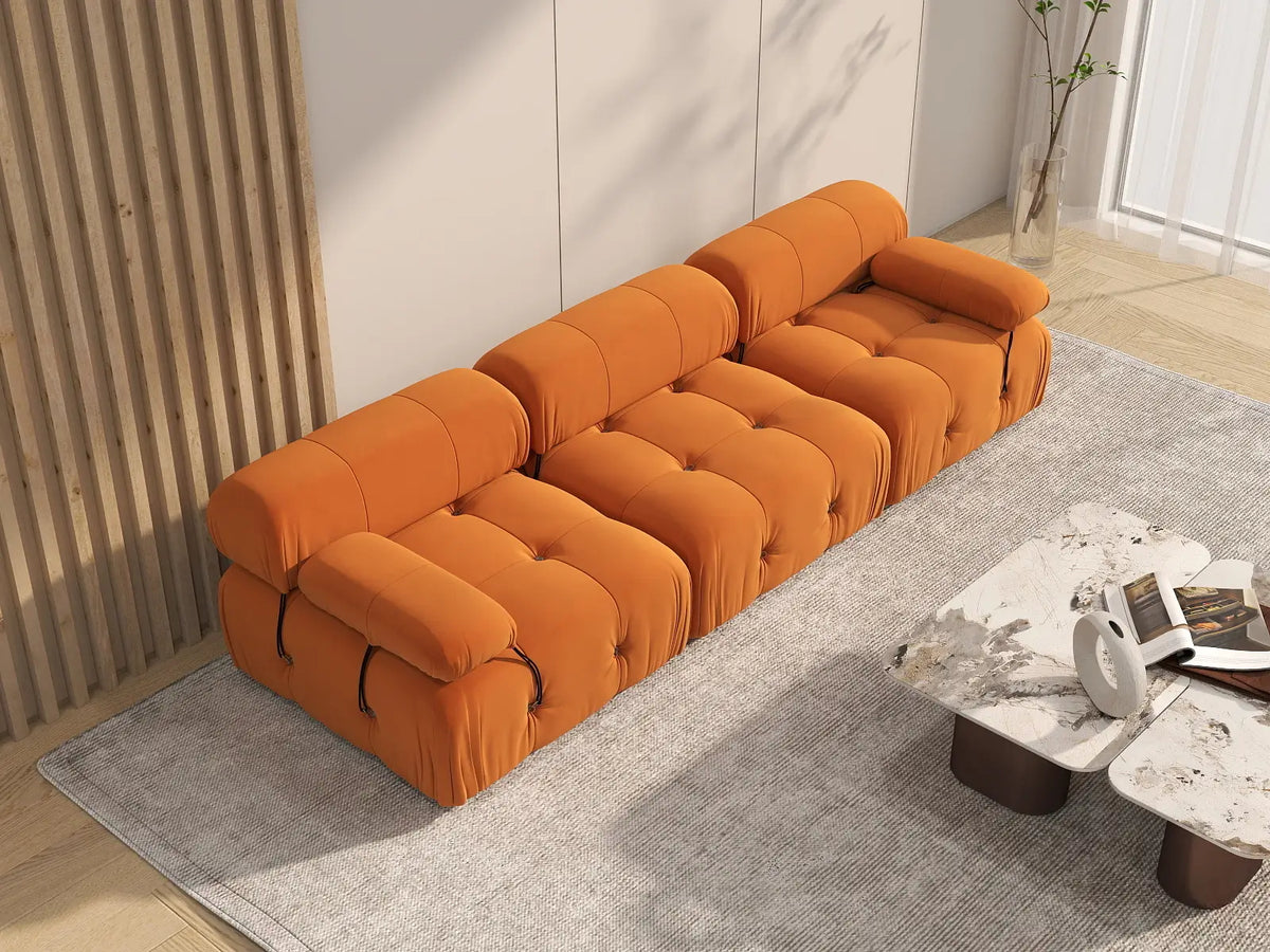 Matrix Orange 3-Seater Couch Sectionals | 3-Piece, Velvet Fabric, Fixed Upholstery