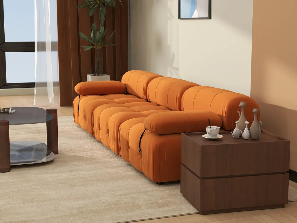 Matrix Orange 3-Seater Couch Sectionals | 3-Piece, Velvet Fabric, Fixed Upholstery
