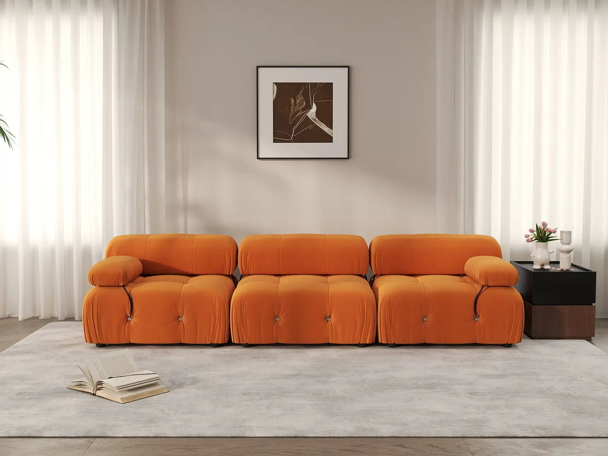 Matrix Orange 3-Seater Couch Sectionals | 3-Piece, Velvet Fabric, Fixed Upholstery