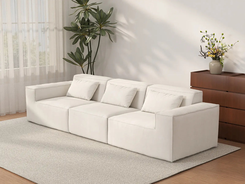 Essential Beige 3-Seater Couch Sectionals | 3-Piece, Cloud Velvet Fabric, Fixed Upholstery