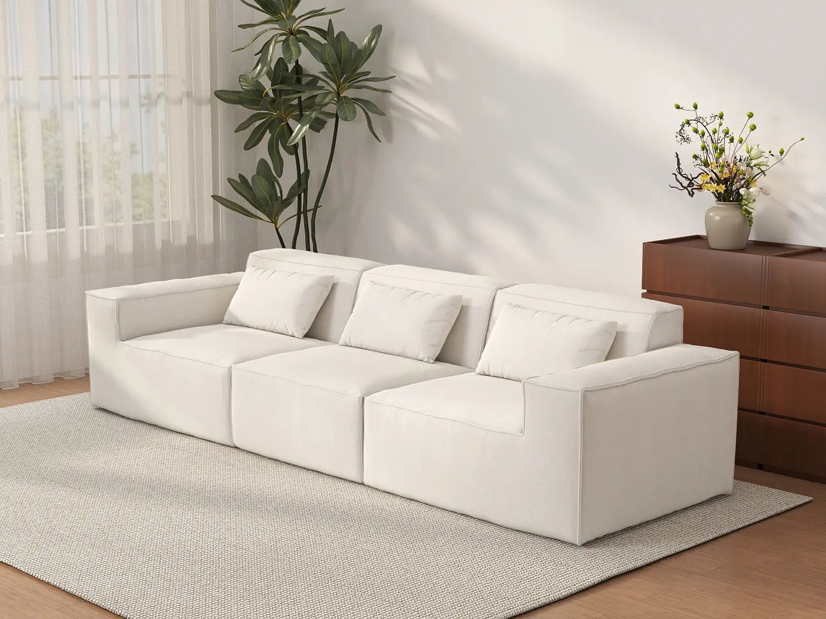 Essential Beige 3-Seater Couch Sectionals | 3-Piece, Cloud Velvet Fabric, Fixed Upholstery