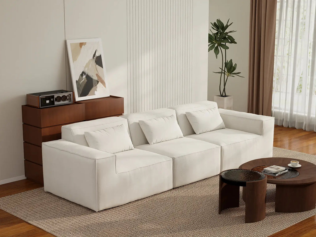 Essential Beige 3-Seater Couch Sectionals | 3-Piece, Cloud Velvet Fabric, Fixed Upholstery