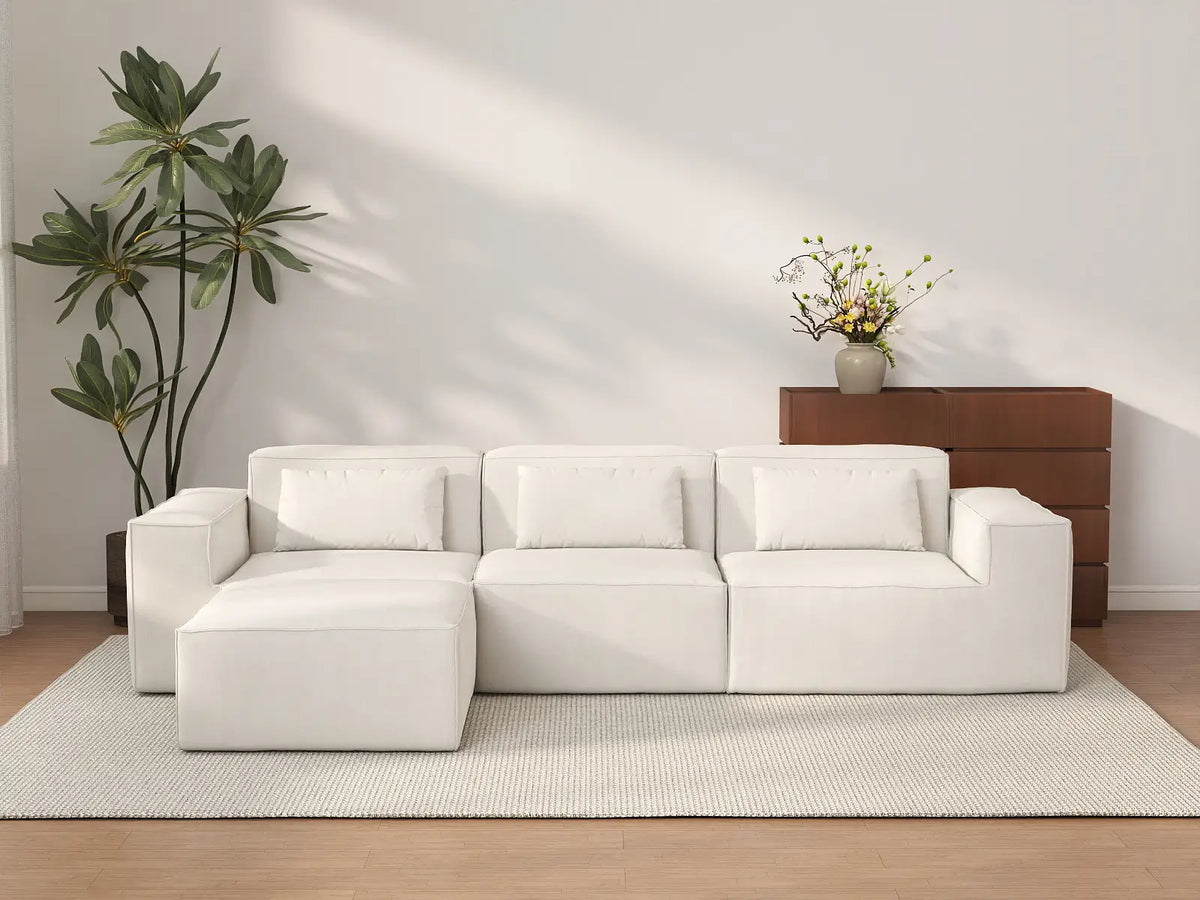 Essential Beige 3-Seater L-Shaped Sectional | 4-Piece (Includes 1 Ottoman), Cloud Velvet Fabric, Fixed Upholstery