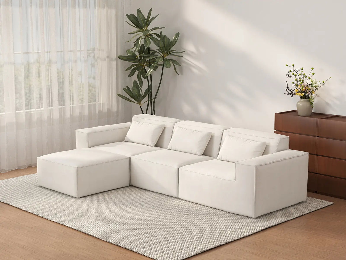 Essential Beige 3-Seater L-Shaped Sectional | 4-Piece (Includes 1 Ottoman), Cloud Velvet Fabric, Fixed Upholstery