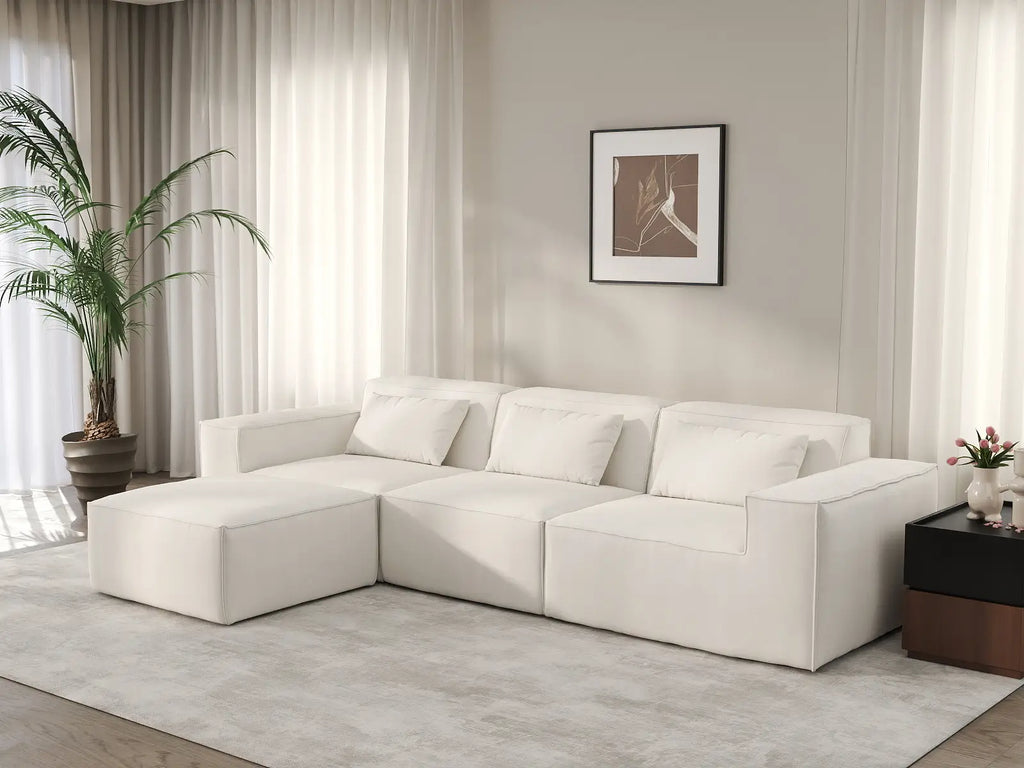 Essential Beige 3-Seater L-Shaped Sectional | 4-Piece (Includes 1 Ottoman), Cloud Velvet Fabric, Fixed Upholstery