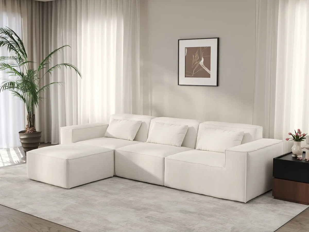 Essential Beige 3-Seater L-Shaped Sectional | 4-Piece (Includes 1 Ottoman), Cloud Velvet Fabric, Fixed Upholstery