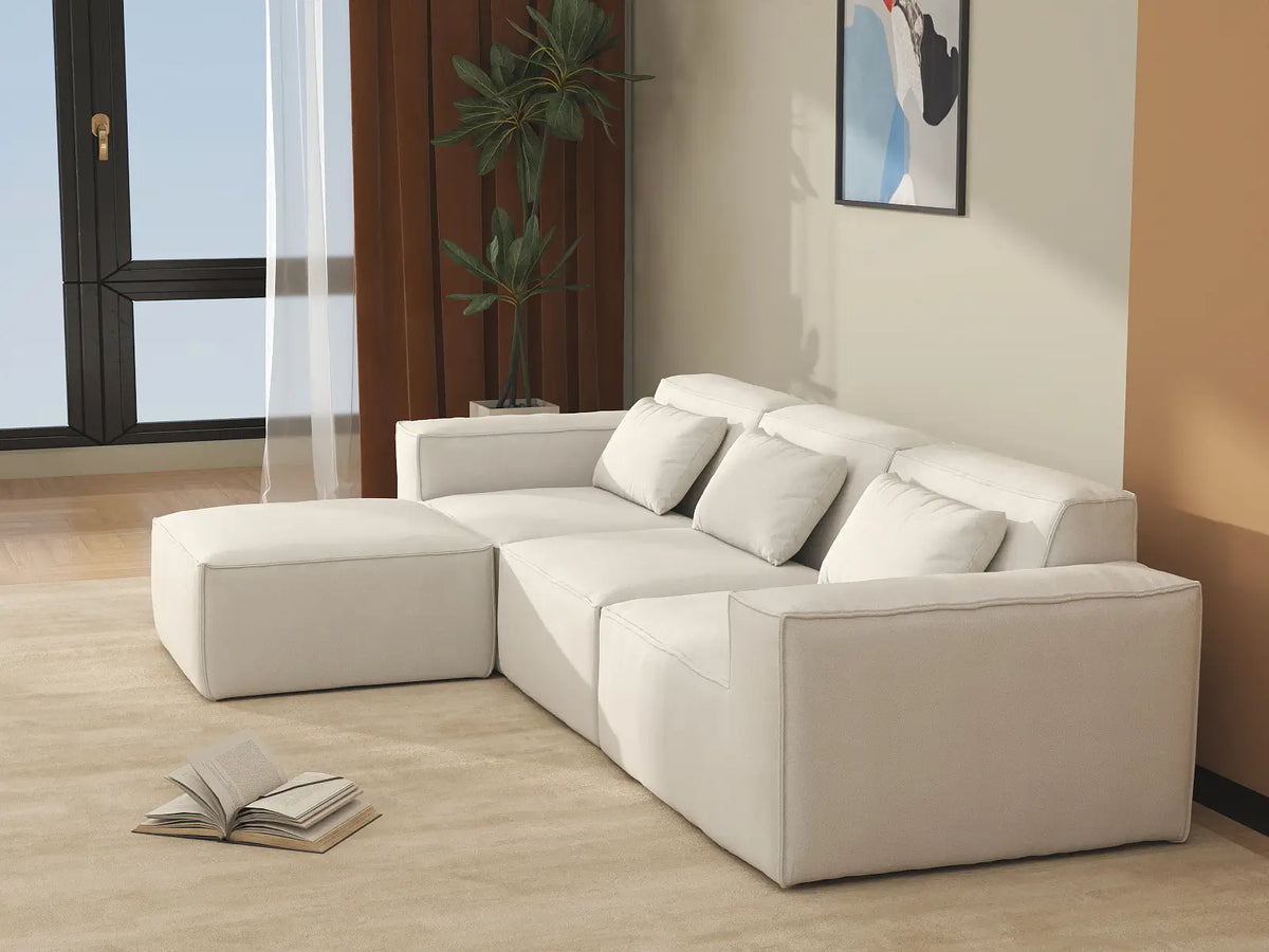 Essential Beige 3-Seater L-Shaped Sectional | 4-Piece (Includes 1 Ottoman), Cloud Velvet Fabric, Fixed Upholstery