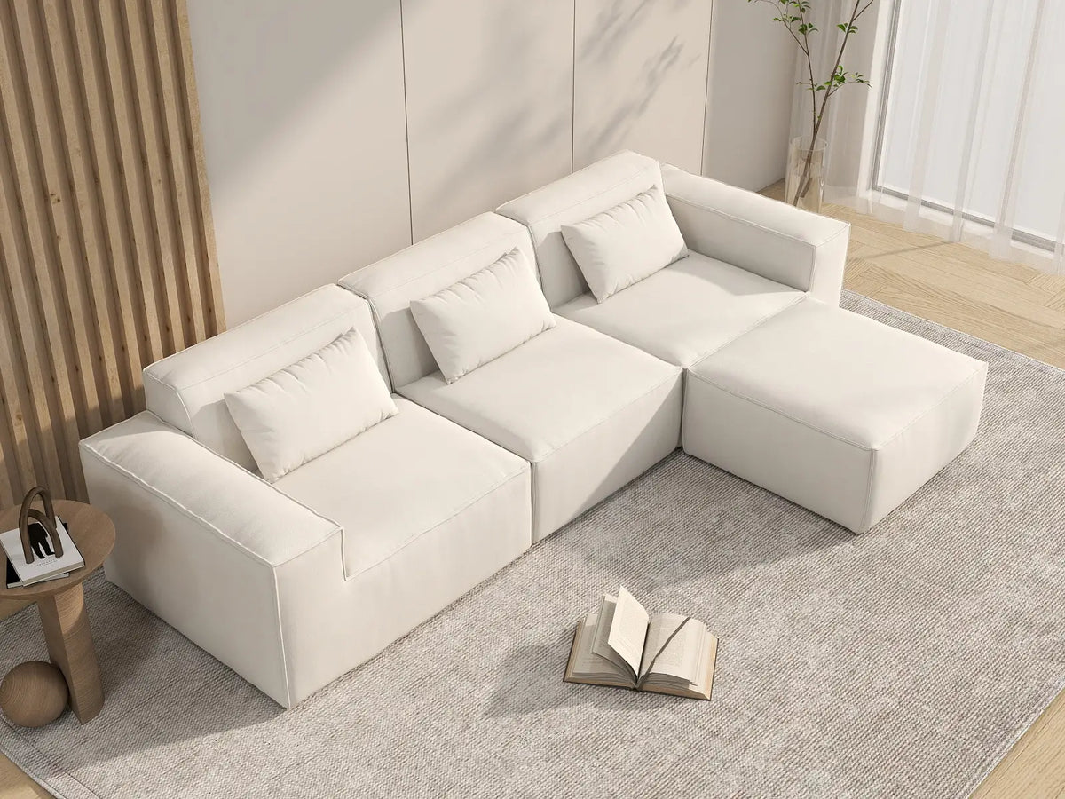 Essential Beige 3-Seater L-Shaped Sectional | 4-Piece (Includes 1 Ottoman), Cloud Velvet Fabric, Fixed Upholstery