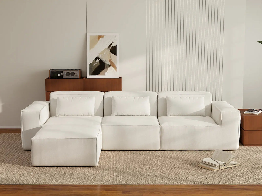 Essential Beige 3-Seater L-Shaped Sectional | 4-Piece (Includes 1 Ottoman), Cloud Velvet Fabric, Fixed Upholstery