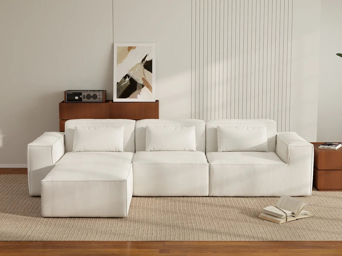 Essential Beige 3-Seater L-Shaped Sectional | 4-Piece (Includes 1 Ottoman), Cloud Velvet Fabric, Fixed Upholstery