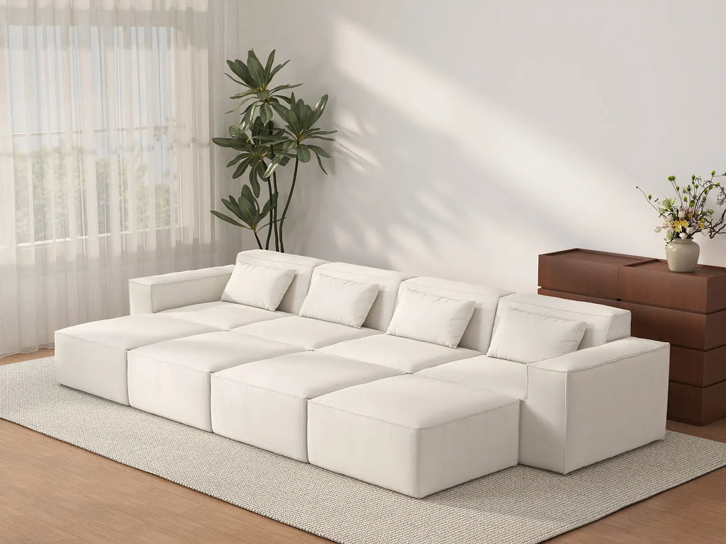 Essential Beige 4-Seater Pit Sectional | 8-Piece (Includes 4 Ottomans), Cloud Velvet Fabric, Fixed Upholstery