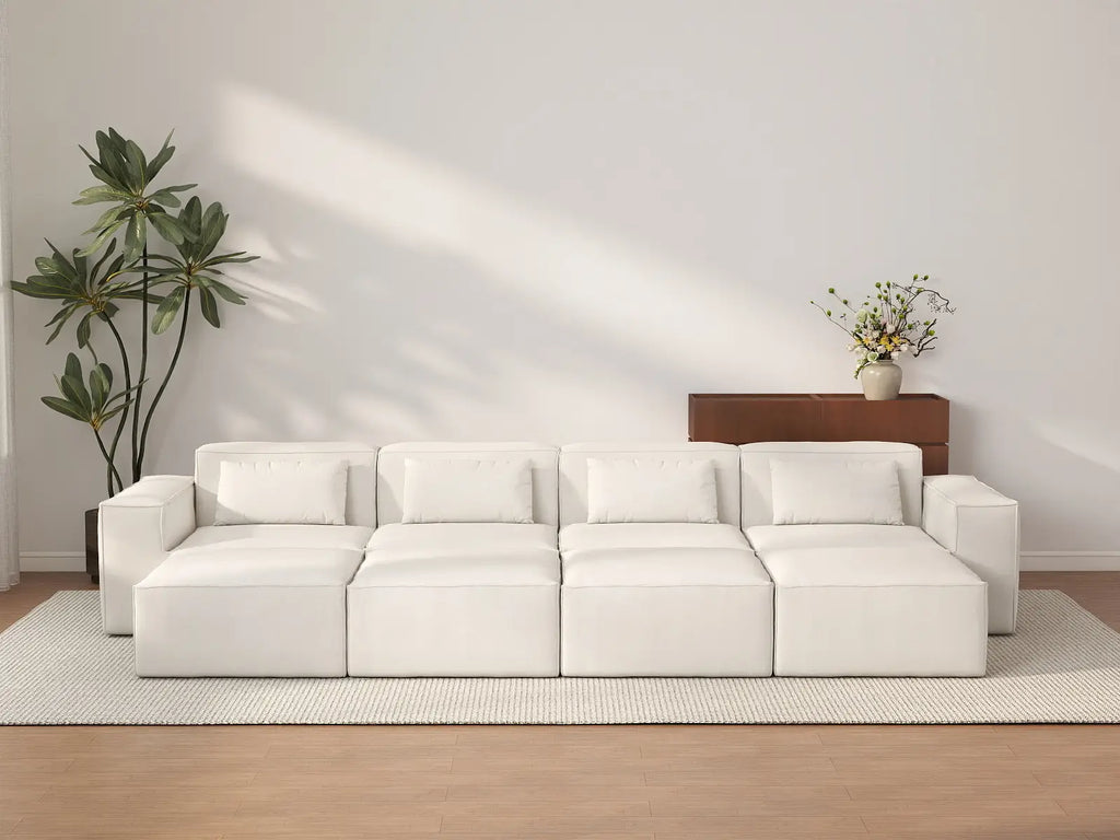 Essential Beige 4-Seater Pit Sectional | 8-Piece (Includes 4 Ottomans), Cloud Velvet Fabric, Fixed Upholstery