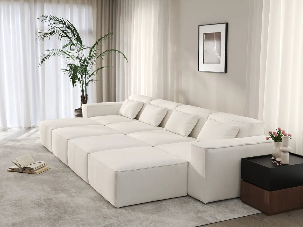 Essential Beige 4-Seater Pit Sectional | 8-Piece (Includes 4 Ottomans), Cloud Velvet Fabric, Fixed Upholstery