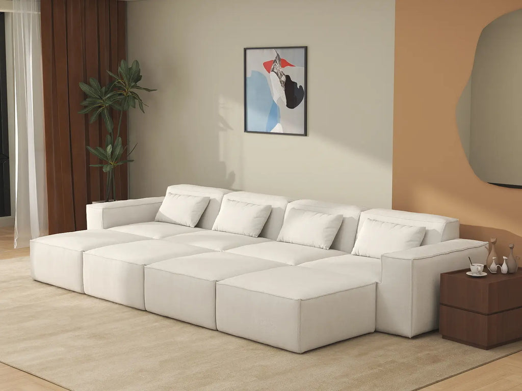 Essential Beige 4-Seater Pit Sectional | 8-Piece (Includes 4 Ottomans), Cloud Velvet Fabric, Fixed Upholstery