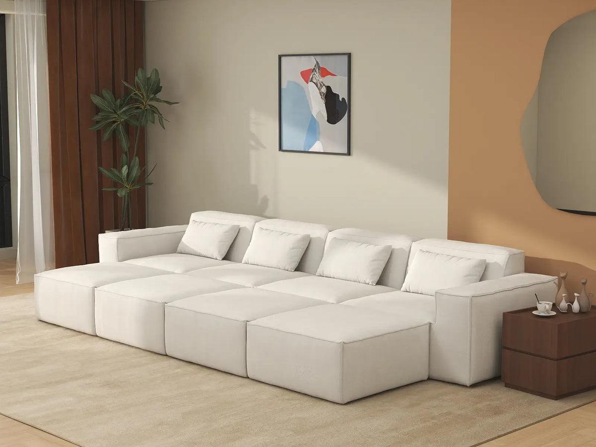 Essential Beige 4-Seater Pit Sectional | 8-Piece (Includes 4 Ottomans), Cloud Velvet Fabric, Fixed Upholstery