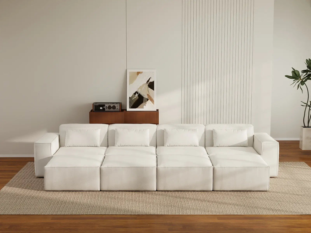 Essential Beige 4-Seater Pit Sectional | 8-Piece (Includes 4 Ottomans), Cloud Velvet Fabric, Fixed Upholstery