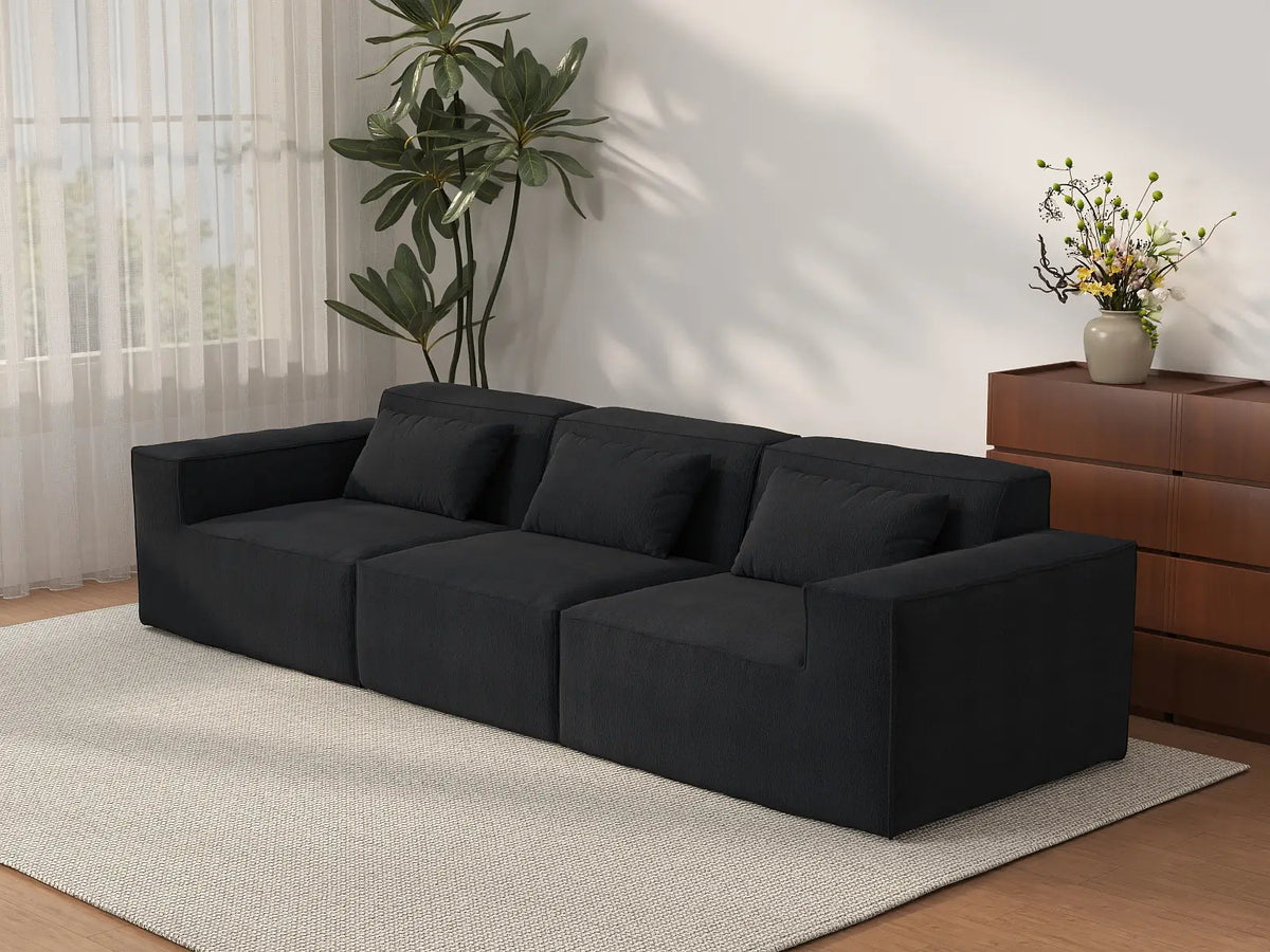 Essential Black 3-Seater Couch Sectionals | 3-Piece, Cloud Velvet Fabric, Fixed Upholstery