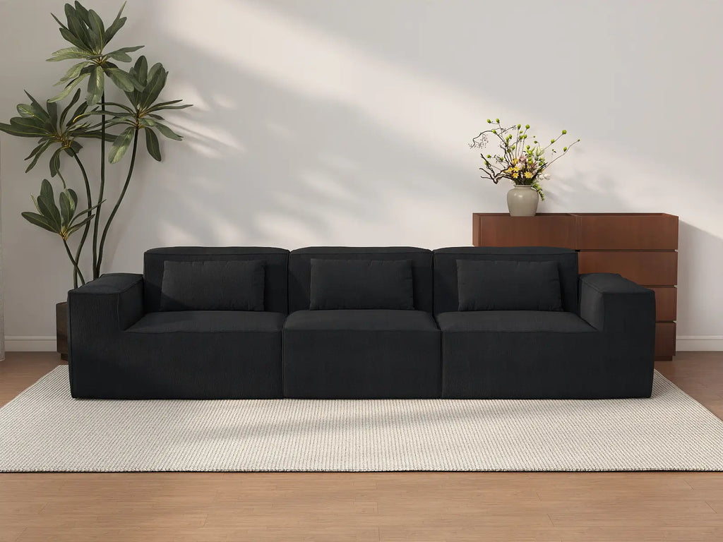 Essential Black 3-Seater Couch Sectionals | 3-Piece, Cloud Velvet Fabric, Fixed Upholstery