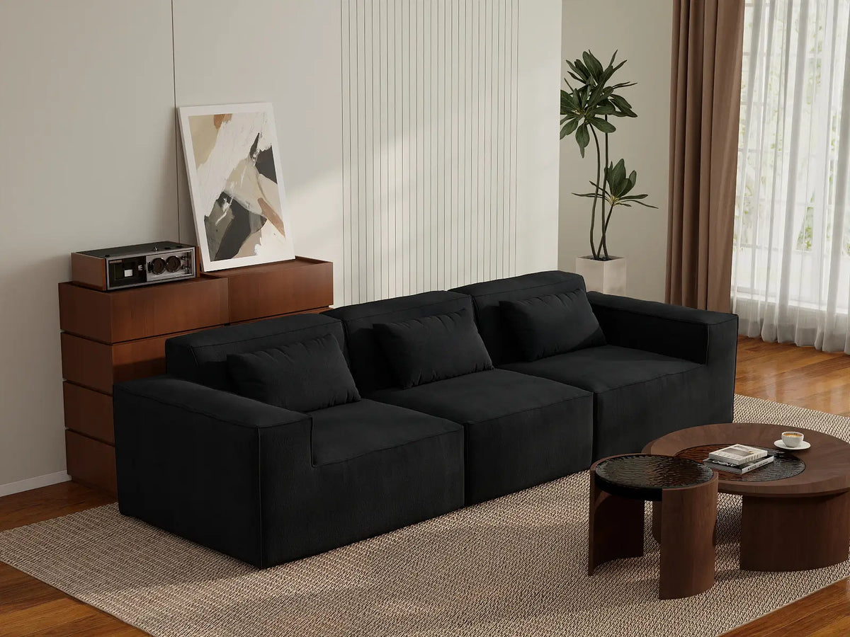 Essential Black 3-Seater Couch Sectionals | 3-Piece, Cloud Velvet Fabric, Fixed Upholstery