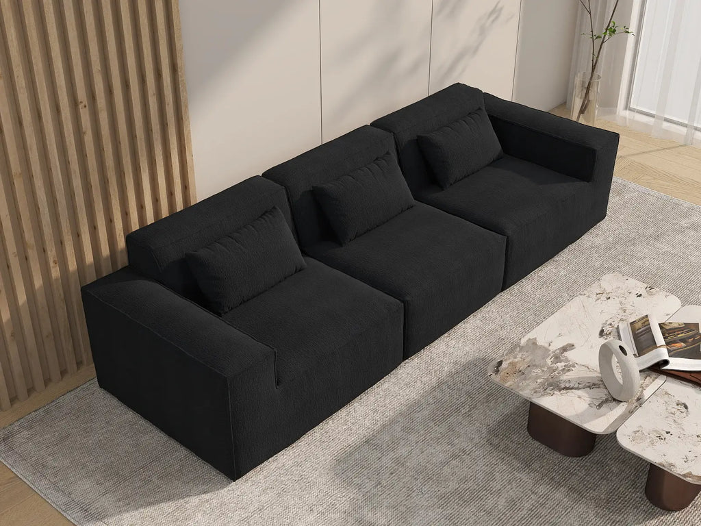 Essential Black 3-Seater Couch Sectionals | 3-Piece, Cloud Velvet Fabric, Fixed Upholstery