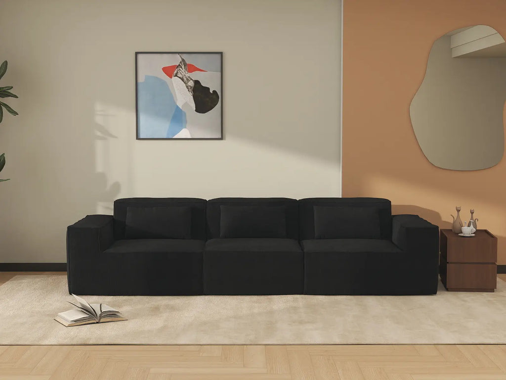 Essential Black 3-Seater Couch Sectionals | 3-Piece, Cloud Velvet Fabric, Fixed Upholstery