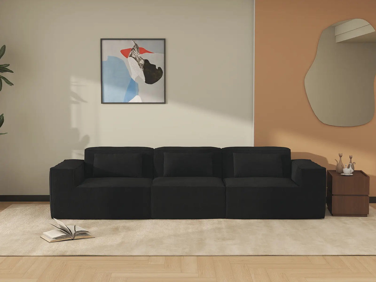 Essential Black 3-Seater Couch Sectionals | 3-Piece, Cloud Velvet Fabric, Fixed Upholstery