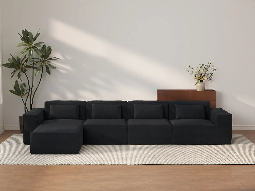 Essential Black 4-Seater L-Shaped Sectional | 5-Piece (Includes 1 Ottoman), Cloud Velvet Fabric, Fixed Upholstery