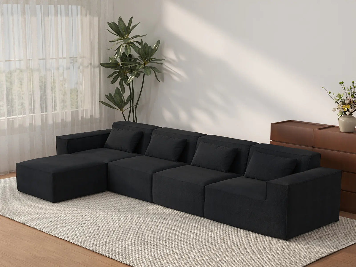 Essential Black 4-Seater L-Shaped Sectional | 5-Piece (Includes 1 Ottoman), Cloud Velvet Fabric, Fixed Upholstery