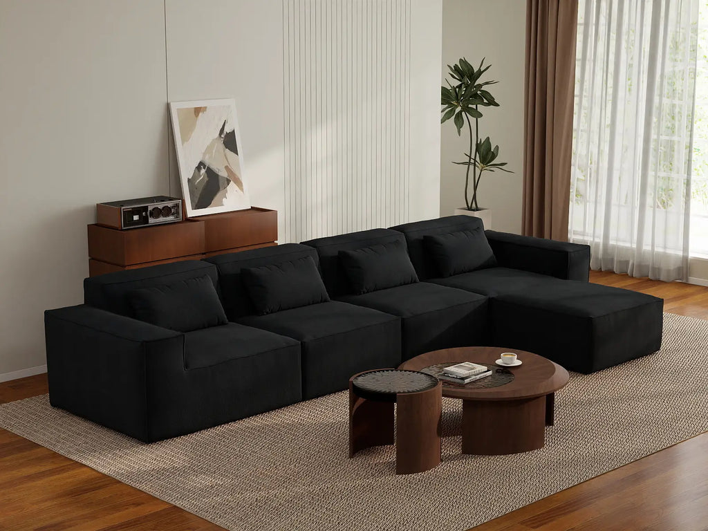 Essential Black 4-Seater L-Shaped Sectional | 5-Piece (Includes 1 Ottoman), Cloud Velvet Fabric, Fixed Upholstery