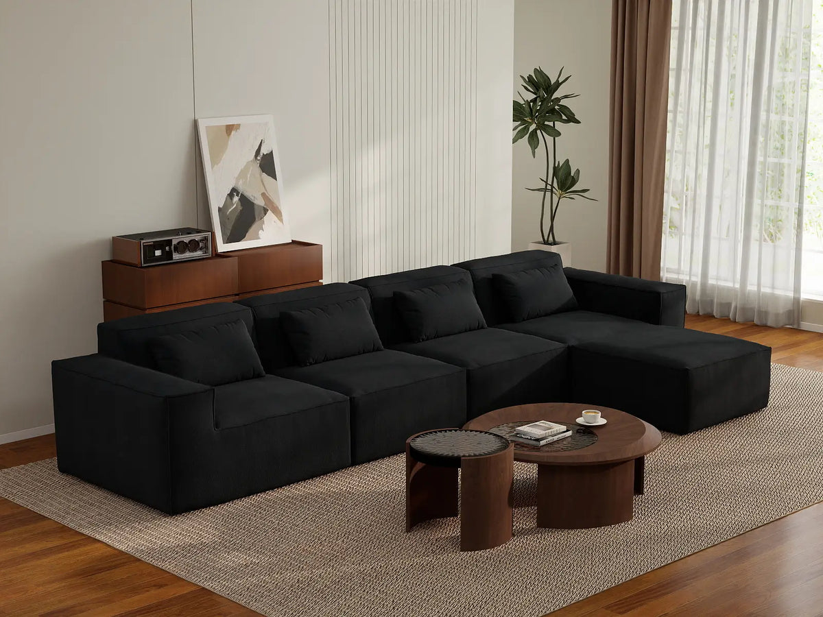 Essential Black 4-Seater L-Shaped Sectional | 5-Piece (Includes 1 Ottoman), Cloud Velvet Fabric, Fixed Upholstery