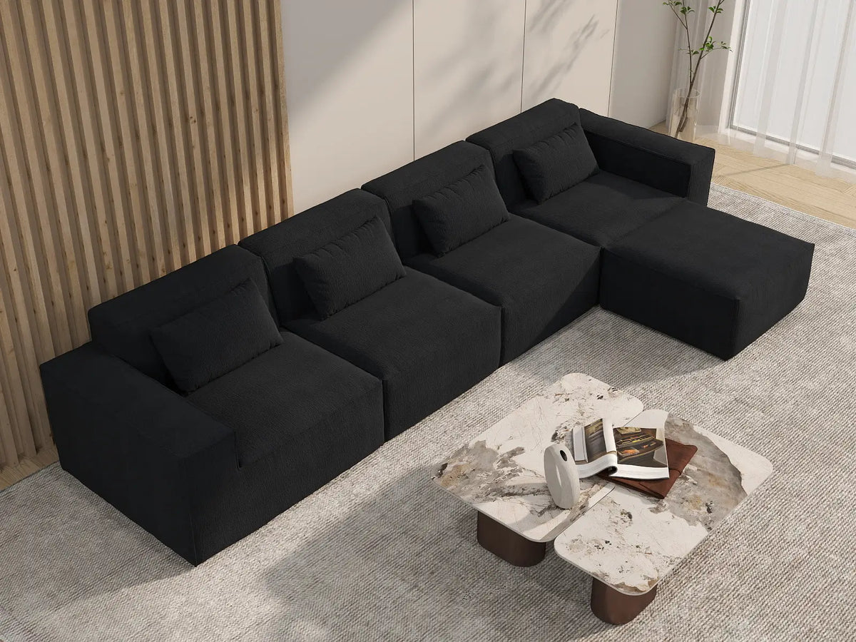 Essential Black 4-Seater L-Shaped Sectional | 5-Piece (Includes 1 Ottoman), Cloud Velvet Fabric, Fixed Upholstery