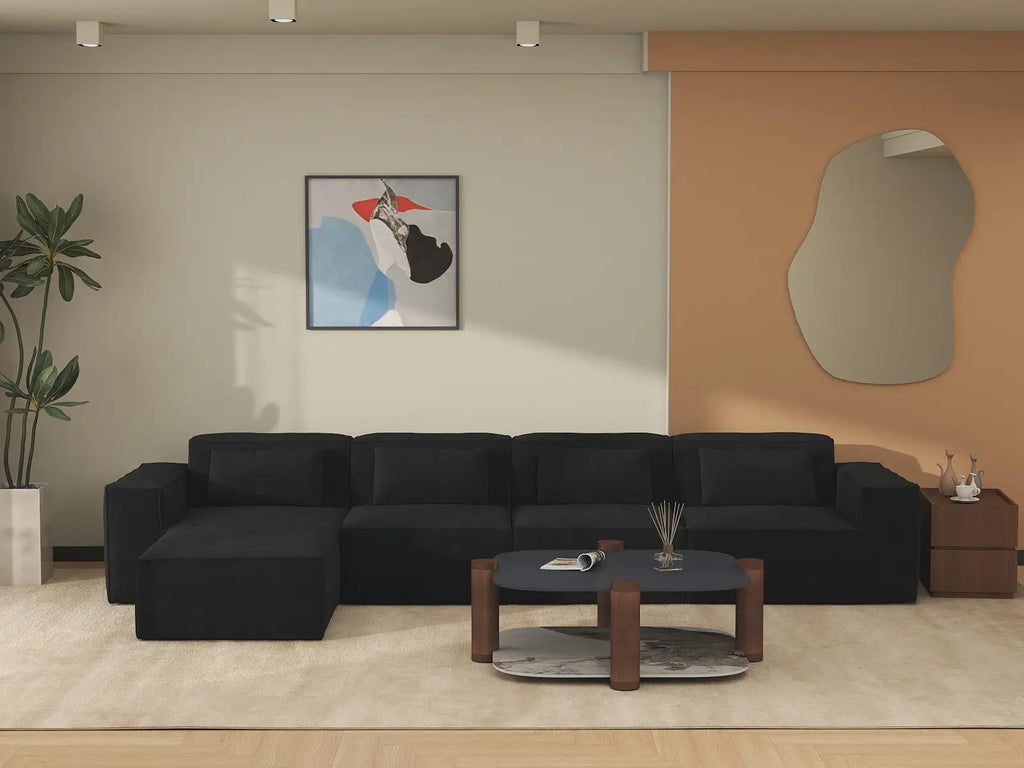 Essential Black 4-Seater L-Shaped Sectional | 5-Piece (Includes 1 Ottoman), Cloud Velvet Fabric, Fixed Upholstery