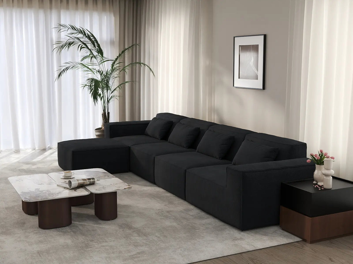 Essential Black 4-Seater L-Shaped Sectional | 5-Piece (Includes 1 Ottoman), Cloud Velvet Fabric, Fixed Upholstery