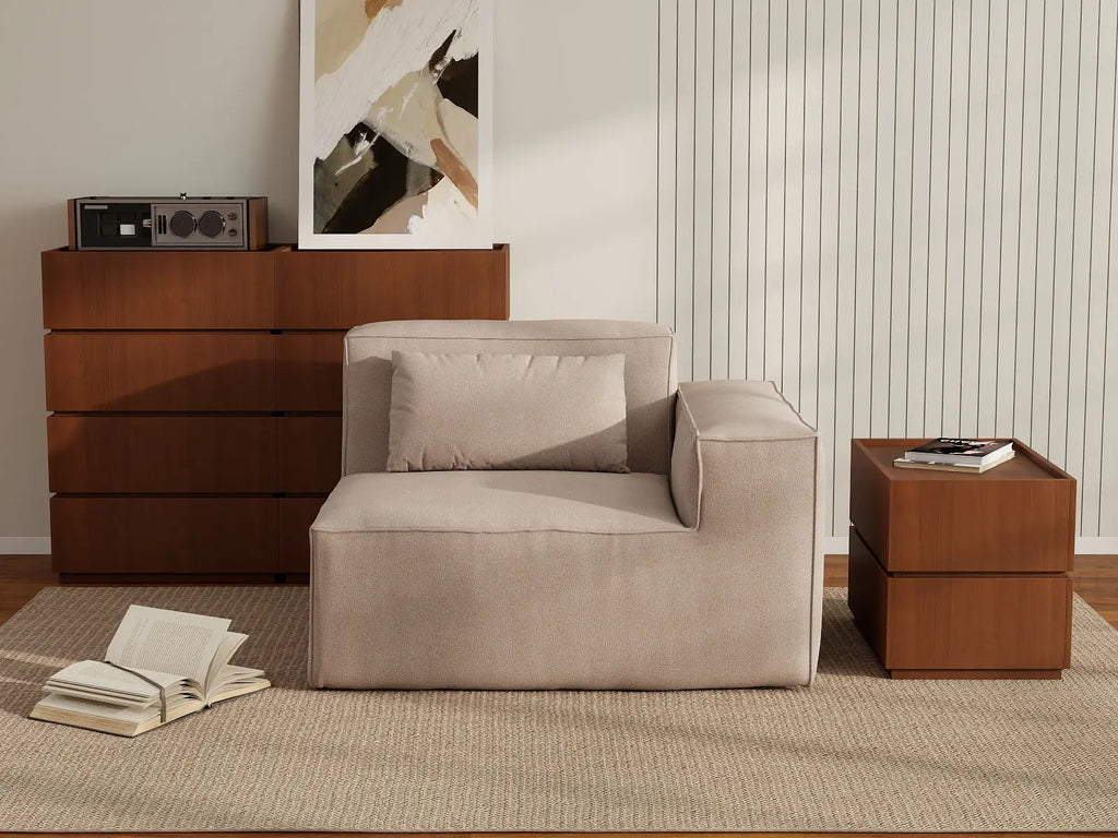 Essential Brown 1-Seater Single Sofa | 1-Piece, Right-Arm Design, Cloud Velvet Fabric, Fixed Upholstery