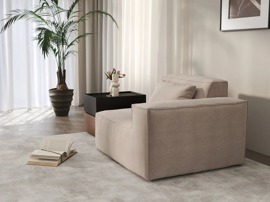 Essential Brown 1-Seater Single Sofa | 1-Piece, Right-Arm Design, Cloud Velvet Fabric, Fixed Upholstery