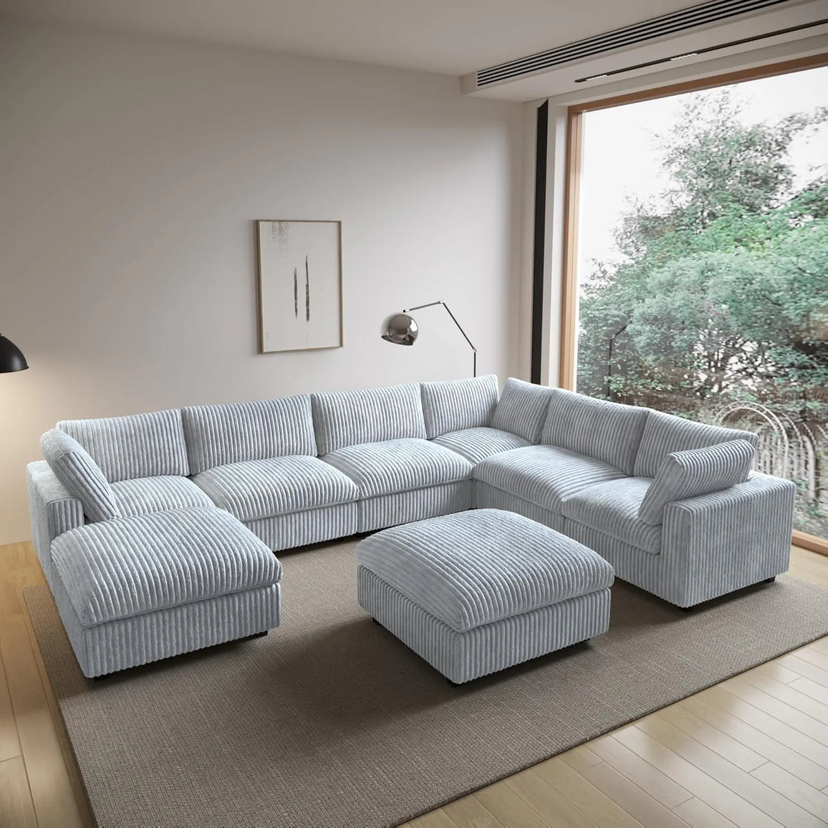 Deluxe Cloud Light Grey 6-Seater Sofa Sets | 8-Piece (includes 2 ottomans), Plush Fabric, Removable & Washable Covers
