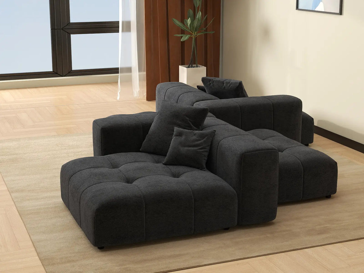 Matrix 2-Seater Black Symmetrical Sectional | 4-Piece (Includes 2 Ottomans), Linen Fabric, Living Room Seating