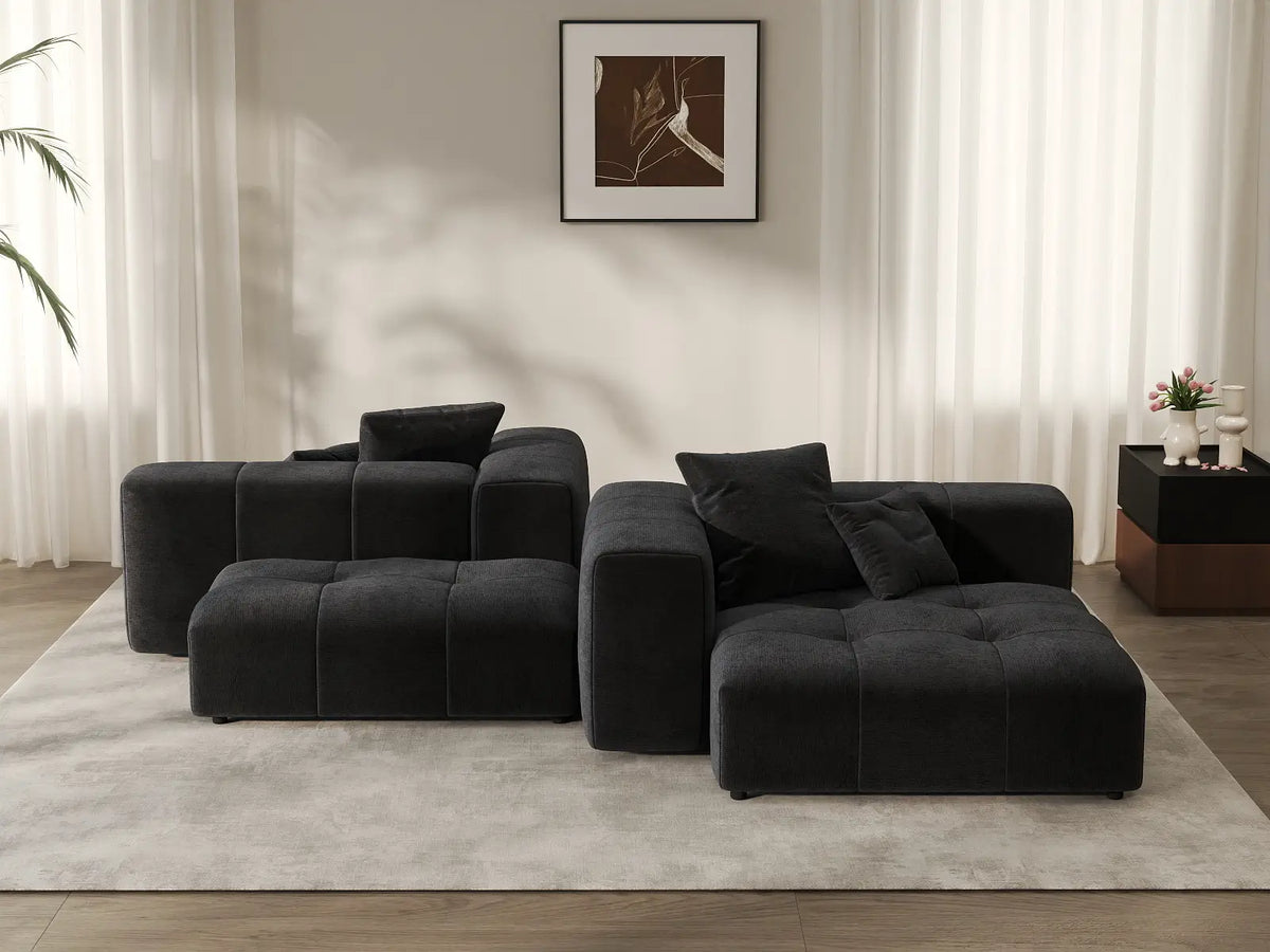 Matrix 2-Seater Black Symmetrical Sectional | 4-Piece (Includes 2 Ottomans), Linen Fabric, Living Room Seating