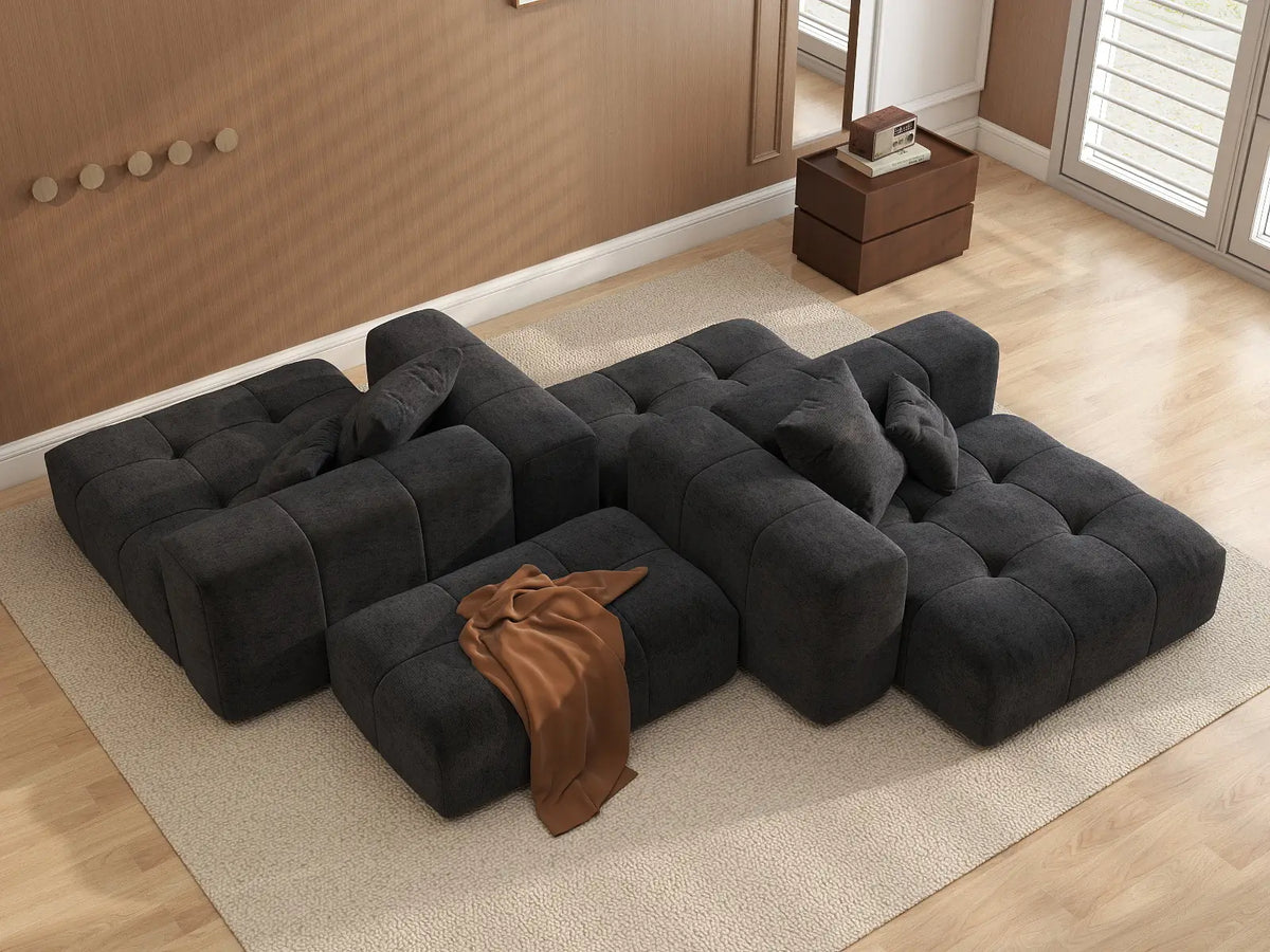 Matrix 2-Seater Black Symmetrical Sectional | 4-Piece (Includes 2 Ottomans), Linen Fabric, Living Room Seating