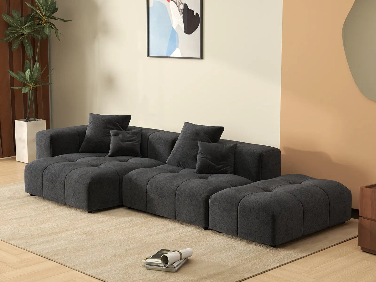 Matrix 2-Seater Chaise Sectional in Black Linen | 3-Piece (Includes 1 Ottoman), Lounge Room Seating, Modular Design