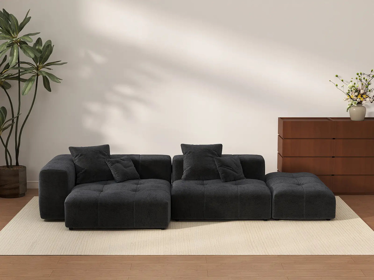 Matrix 2-Seater Chaise Sectional in Black Linen | 3-Piece (Includes 1 Ottoman), Lounge Room Seating, Modular Design