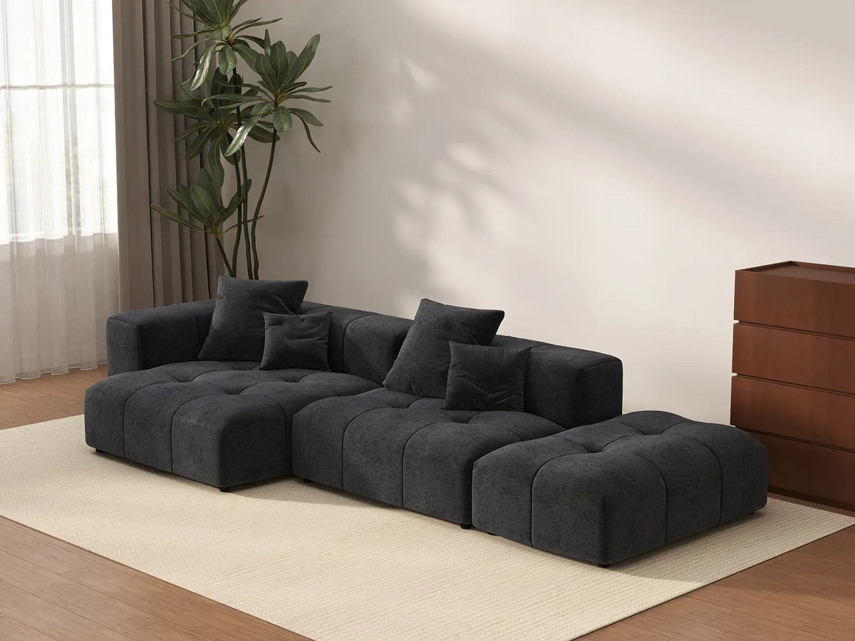 Matrix 2-Seater Chaise Sectional in Black Linen | 3-Piece (Includes 1 Ottoman), Lounge Room Seating, Modular Design