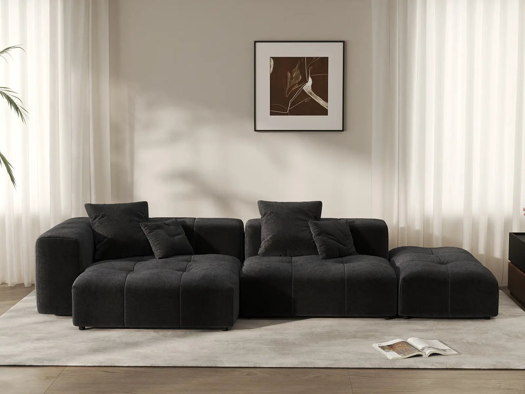 Matrix 2-Seater Chaise Sectional in Black Linen | 3-Piece (Includes 1 Ottoman), Lounge Room Seating, Modular Design