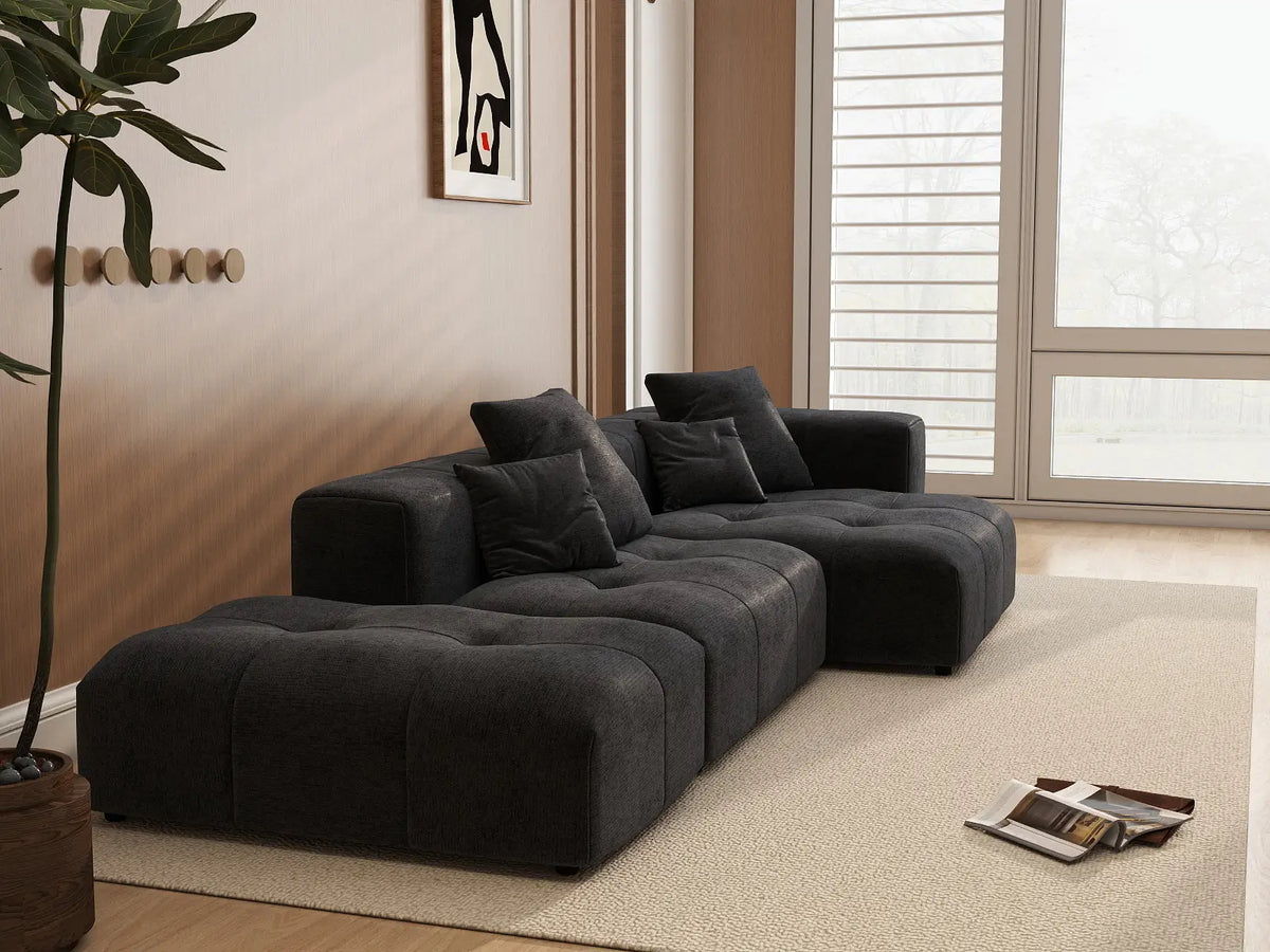 Matrix 2-Seater Chaise Sectional in Black Linen | 3-Piece (Includes 1 Ottoman), Lounge Room Seating, Modular Design