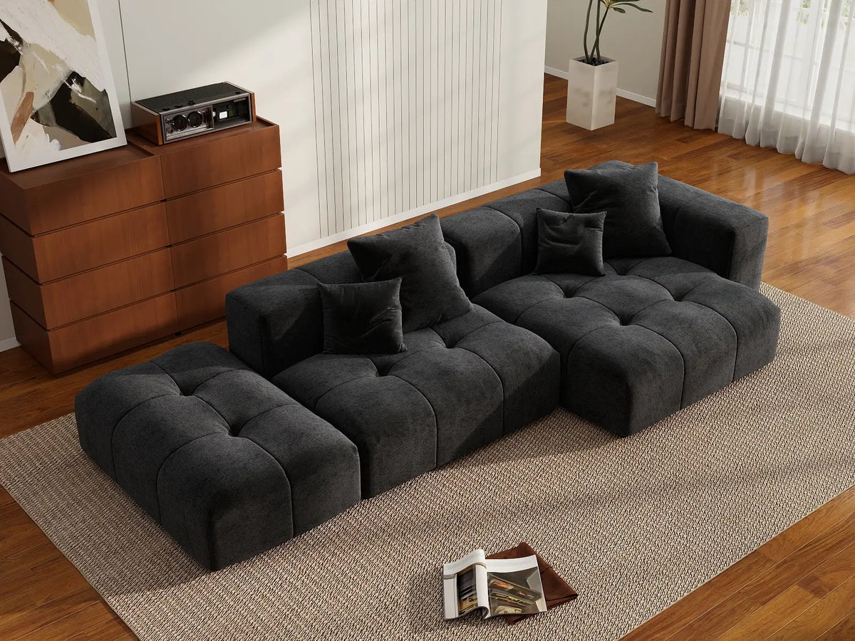 Matrix 2-Seater Chaise Sectional in Black Linen | 3-Piece (Includes 1 Ottoman), Lounge Room Seating, Modular Design