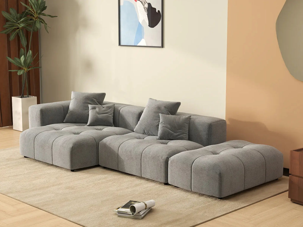 Matrix 2-Seater Light-Grey Chaise Sectional | 3-Piece (Includes 1 Ottoman), Linen Fabric, Lounge Room Seating