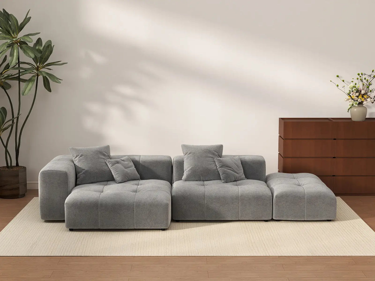 Matrix 2-Seater Light-Grey Chaise Sectional | 3-Piece (Includes 1 Ottoman), Linen Fabric, Lounge Room Seating